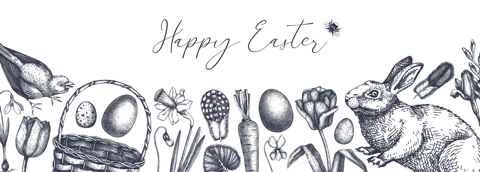 Easter banner design. With spring flowers, eggs and rabbit hand-drawings. Hand-sketched botanical backdrop. Spring plants and animals sketches. Vector Easter background